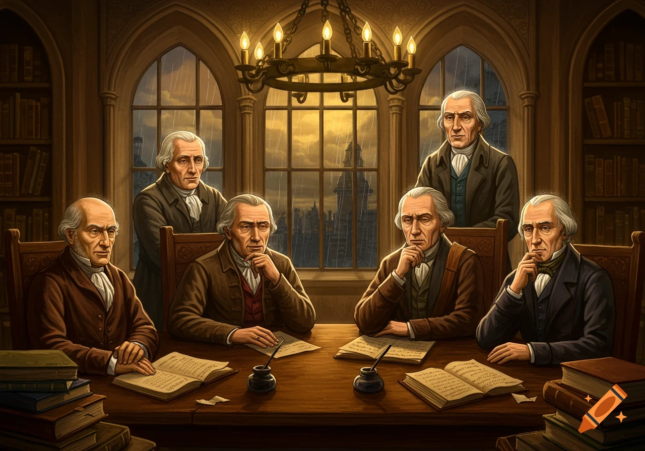 A group of older men in traditional European attire are seated around a wooden table in a library with tall arched windows.