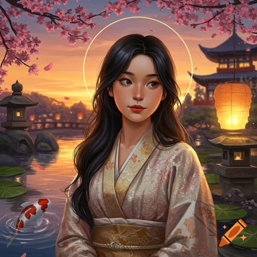 Digital painting of a serene Asian girl in a kimono in a Japanese garden with cherry blossoms, a koi pond, and a pagoda at sunset.