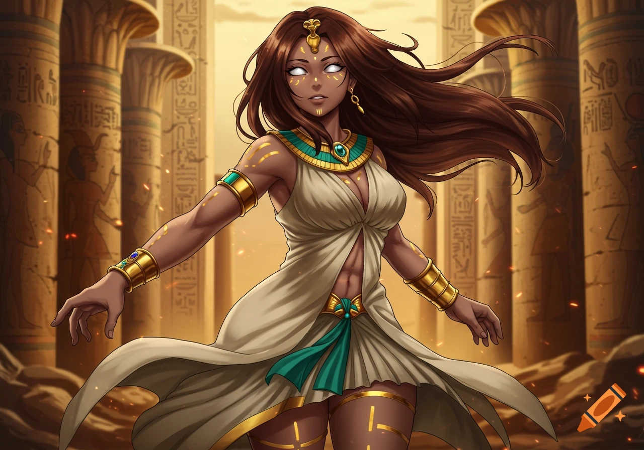 A brown-haired woman with white eyes and gold body marks in Egyptian clothing stands before ancient pillars in an anime style.