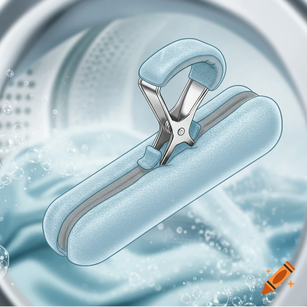 A light blue padded binder clip with a metal clasp, designed to protect items in laundry, floats in bubbly water inside a washing machine.