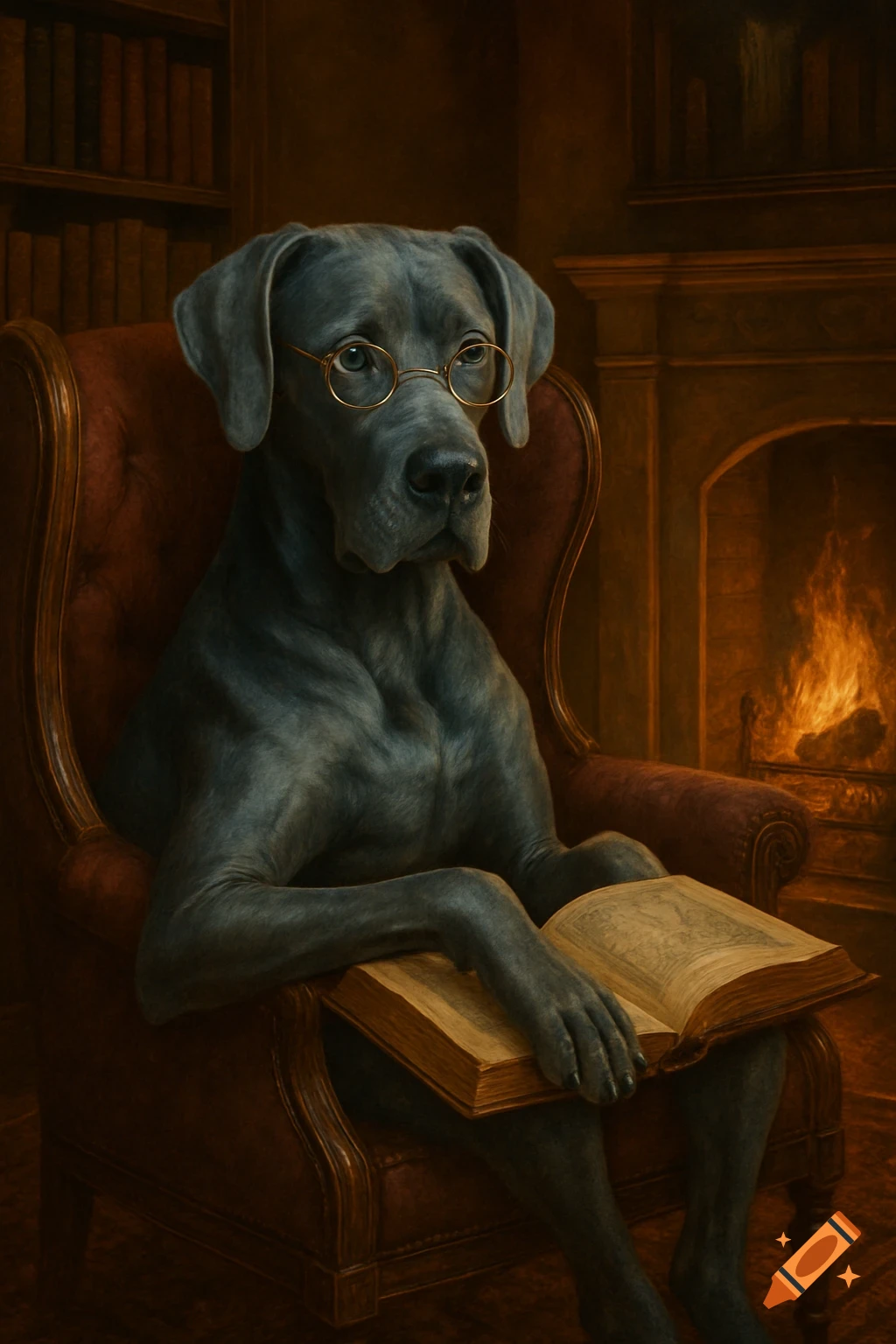 A blue Great Dane wearing glasses reads a book in a rich, dark study by a crackling fireplace.