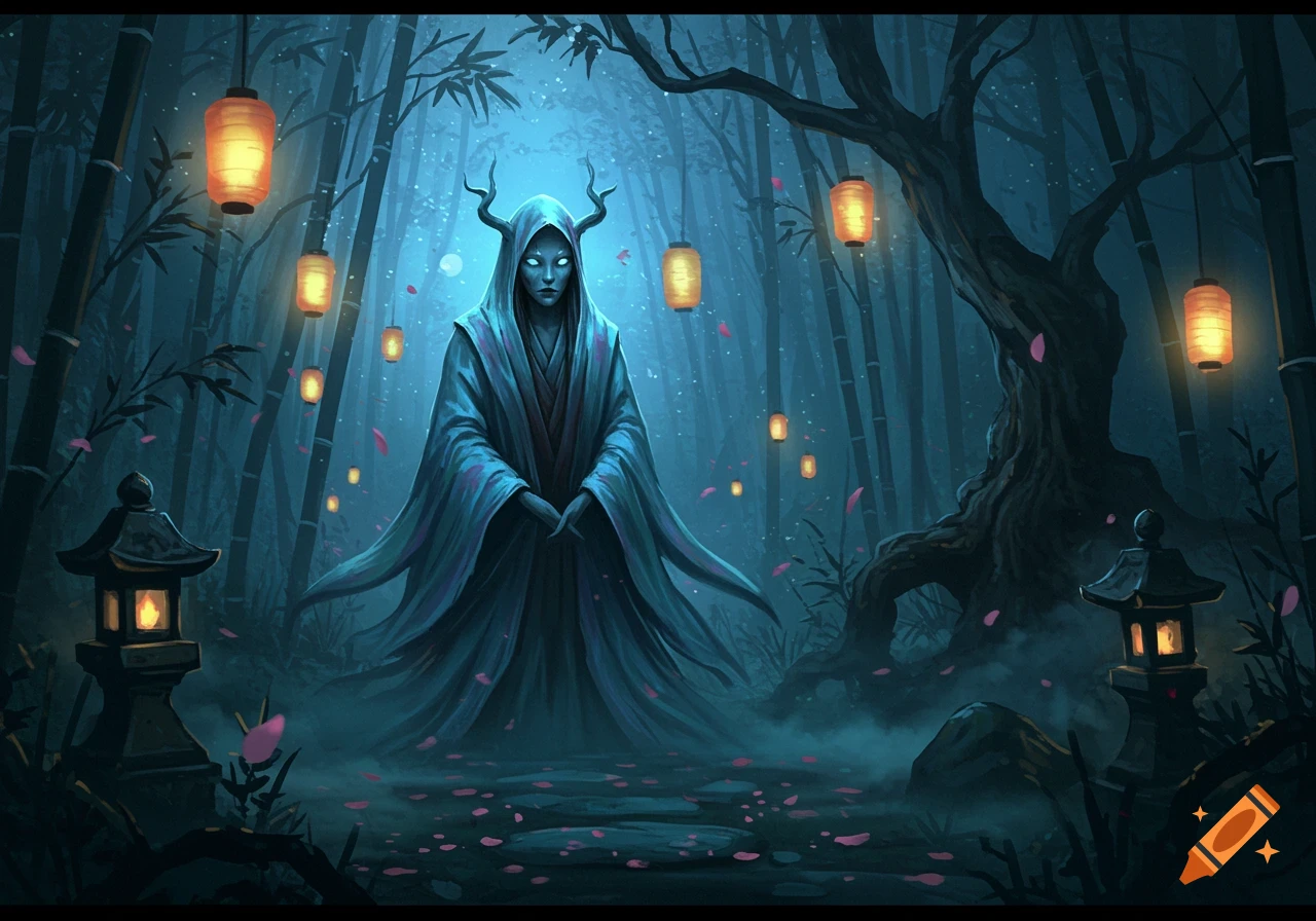A mystical horned figure with glowing eyes stands in a dark bamboo forest, illuminated by hanging orange lanterns. Digital painting.