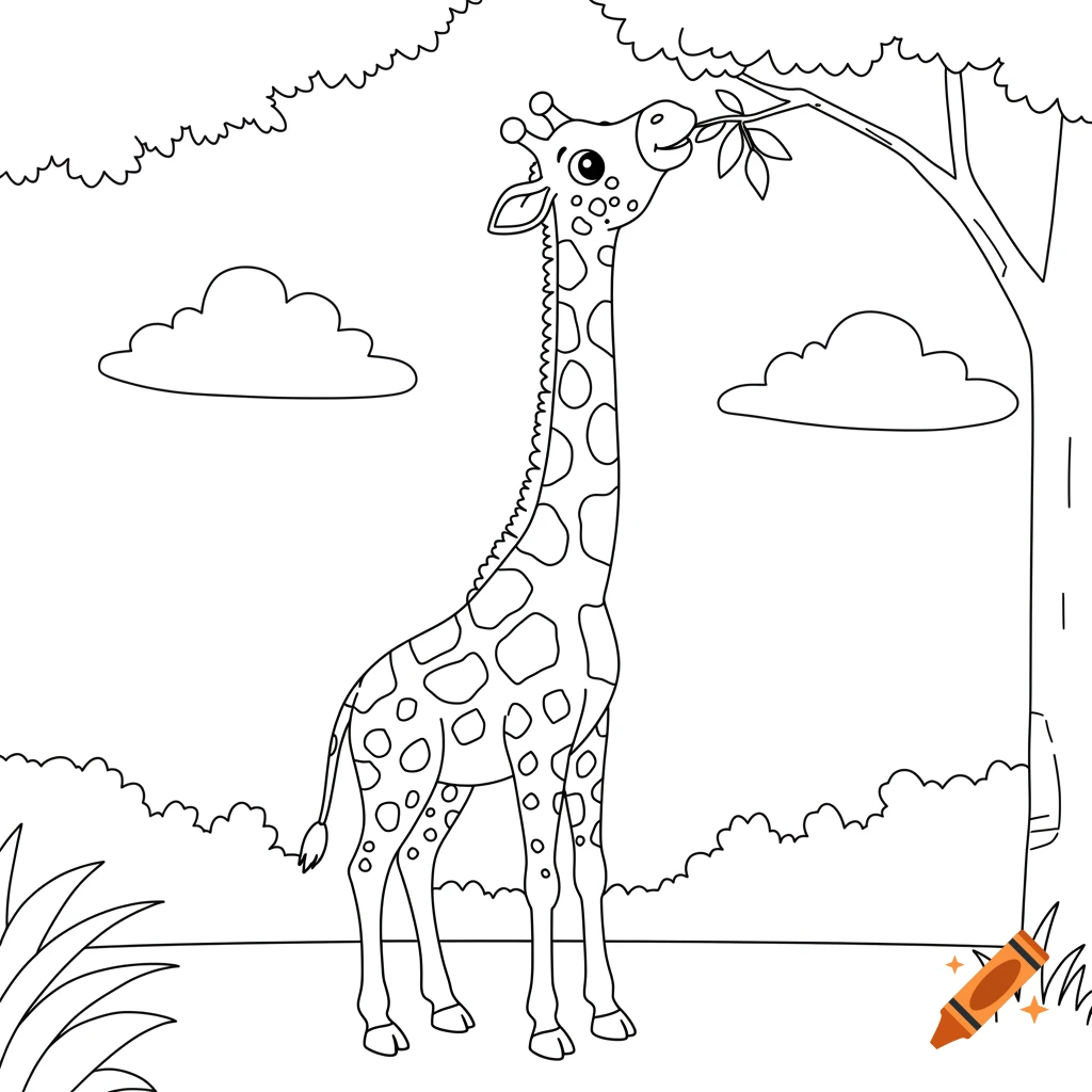 Black and white line art of a giraffe eating leaves from a tree on a children's coloring page.