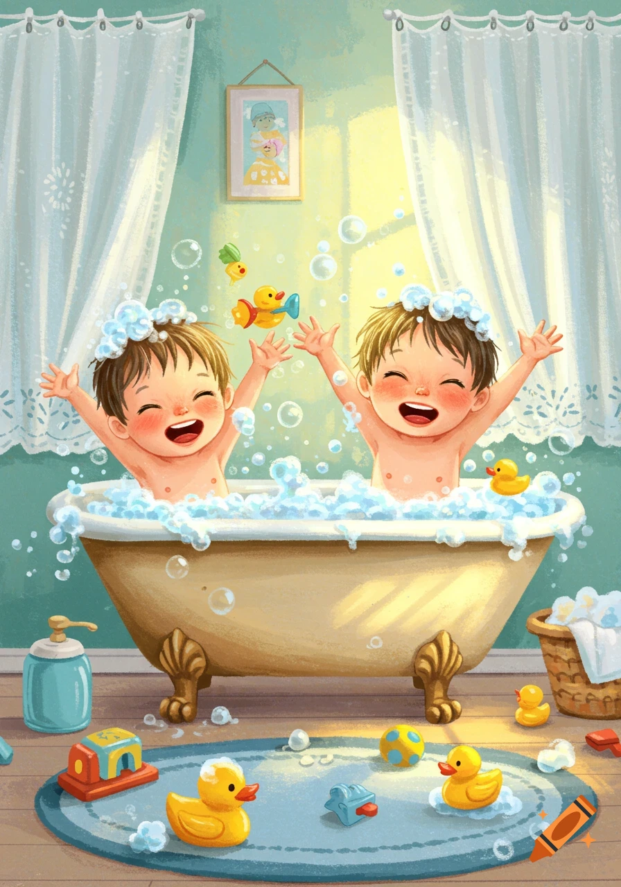 Two happy cartoon children play in a bubbly bathtub with rubber ducks and bath toys, illustrated in a cheerful style.