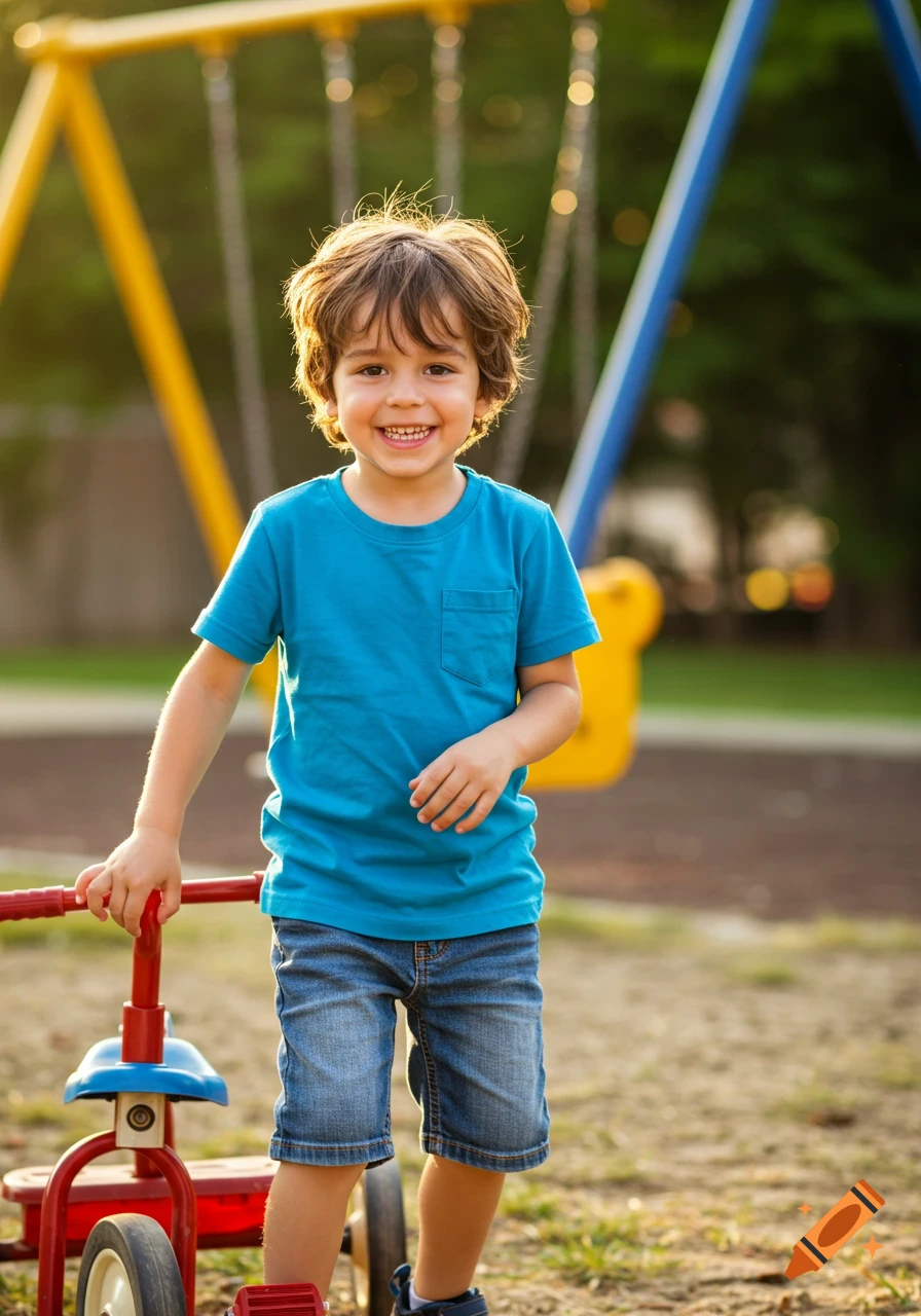 A smiling young boy in a blue shirt and denim shorts stands next to a red tricycle at a sunny playground with swing sets.