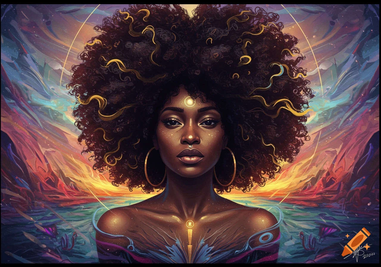 Surreal digital portrait of a Black woman with large afro, glowing third eye, and colorful cosmic background.