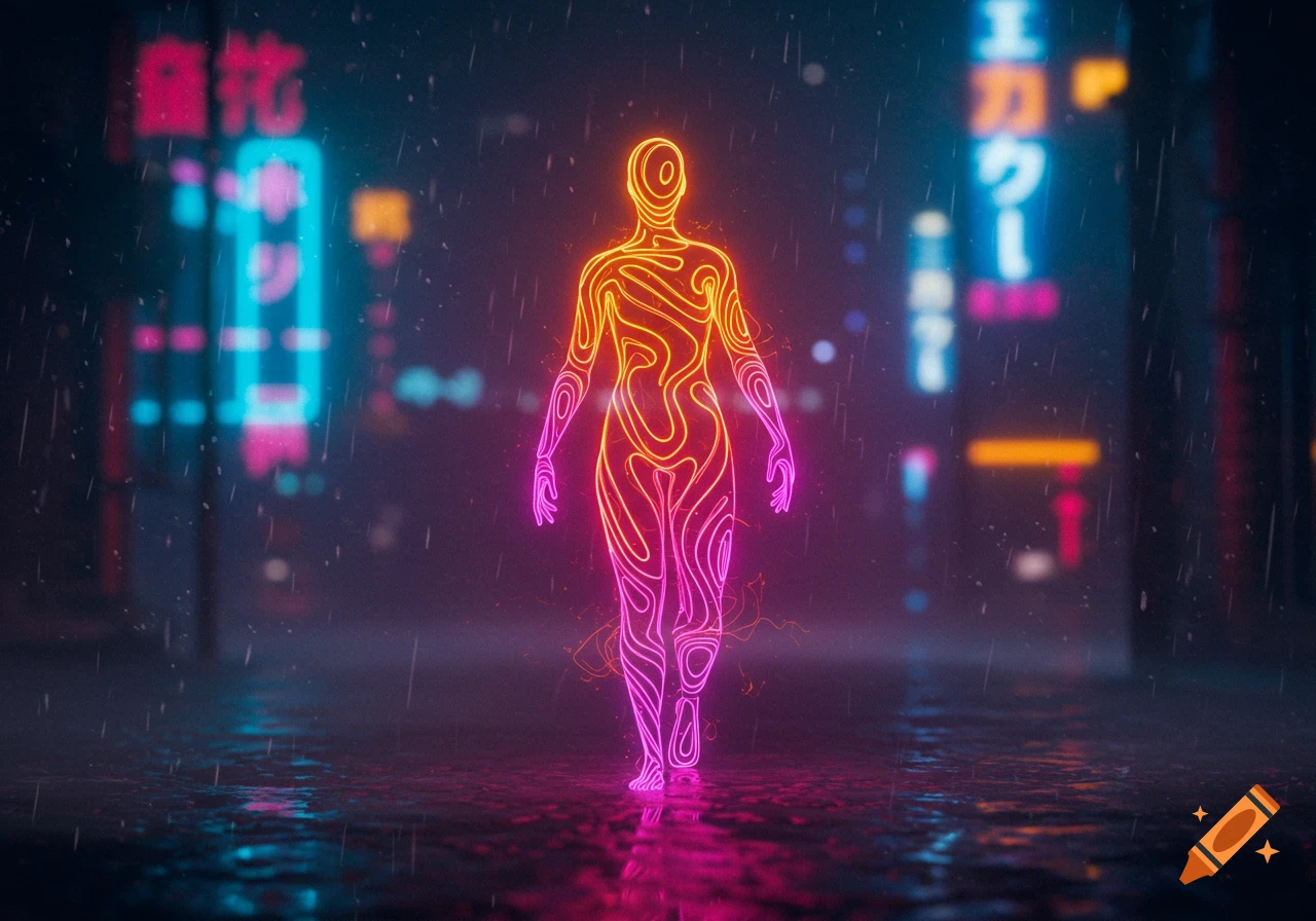 A neon outlined figure in orange and pink stands on a rainy street with blurred cyberpunk city lights and reflections.