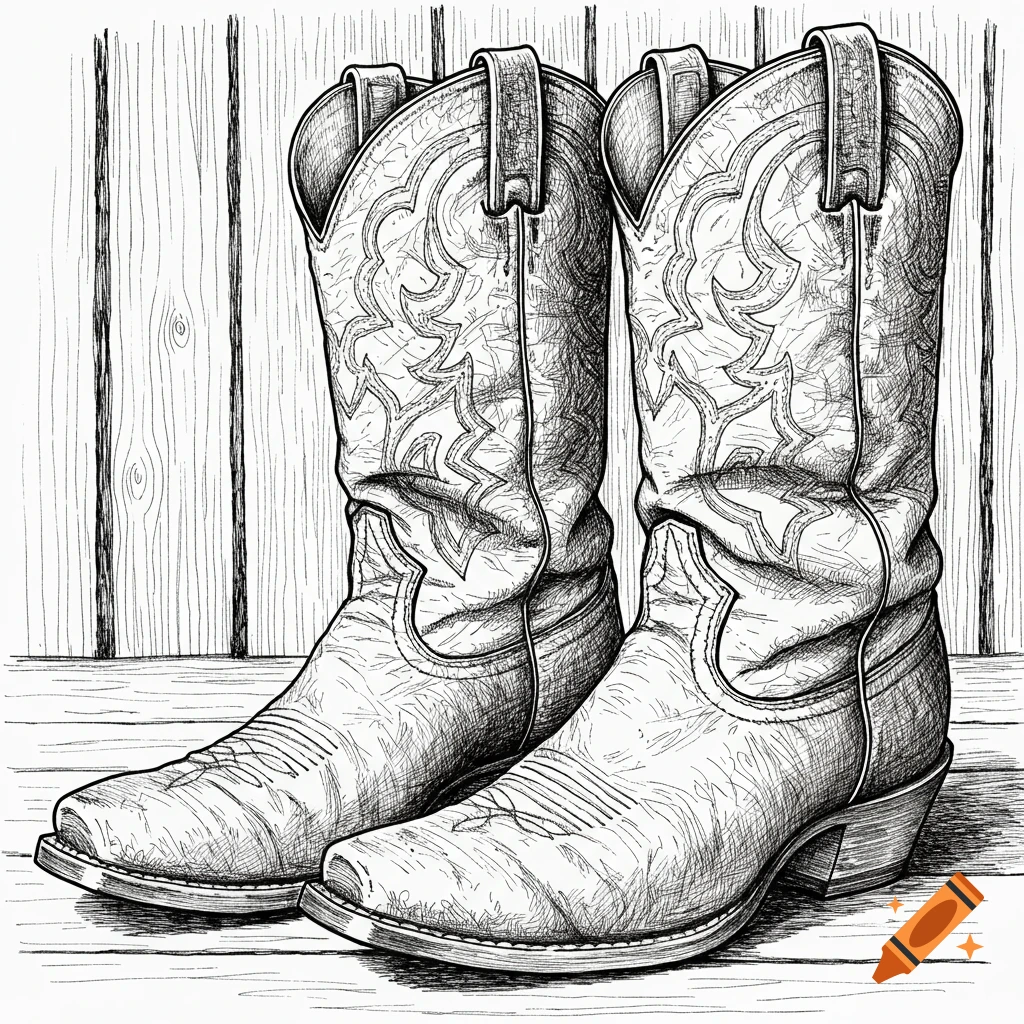 Line drawing of a pair of old, worn cowboy boots against a wooden background.