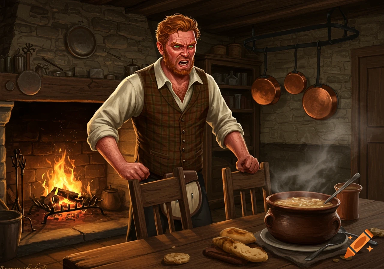 An angry redhead man with green eyes stands in a rustic kitchen, hands on a wooden chair, with a fireplace and steaming pot.