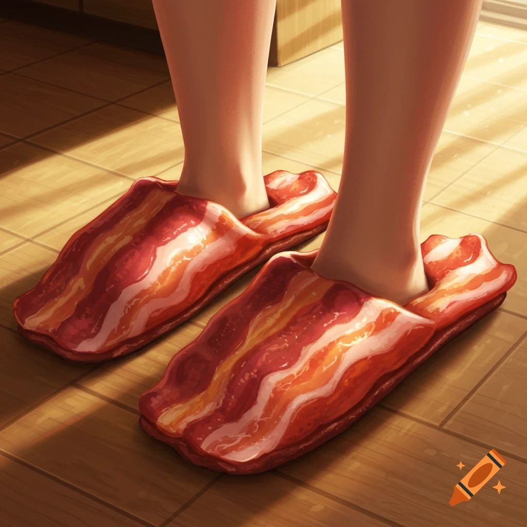 Feet wearing humorous slippers shaped like slices of cooked bacon on a wooden floor.