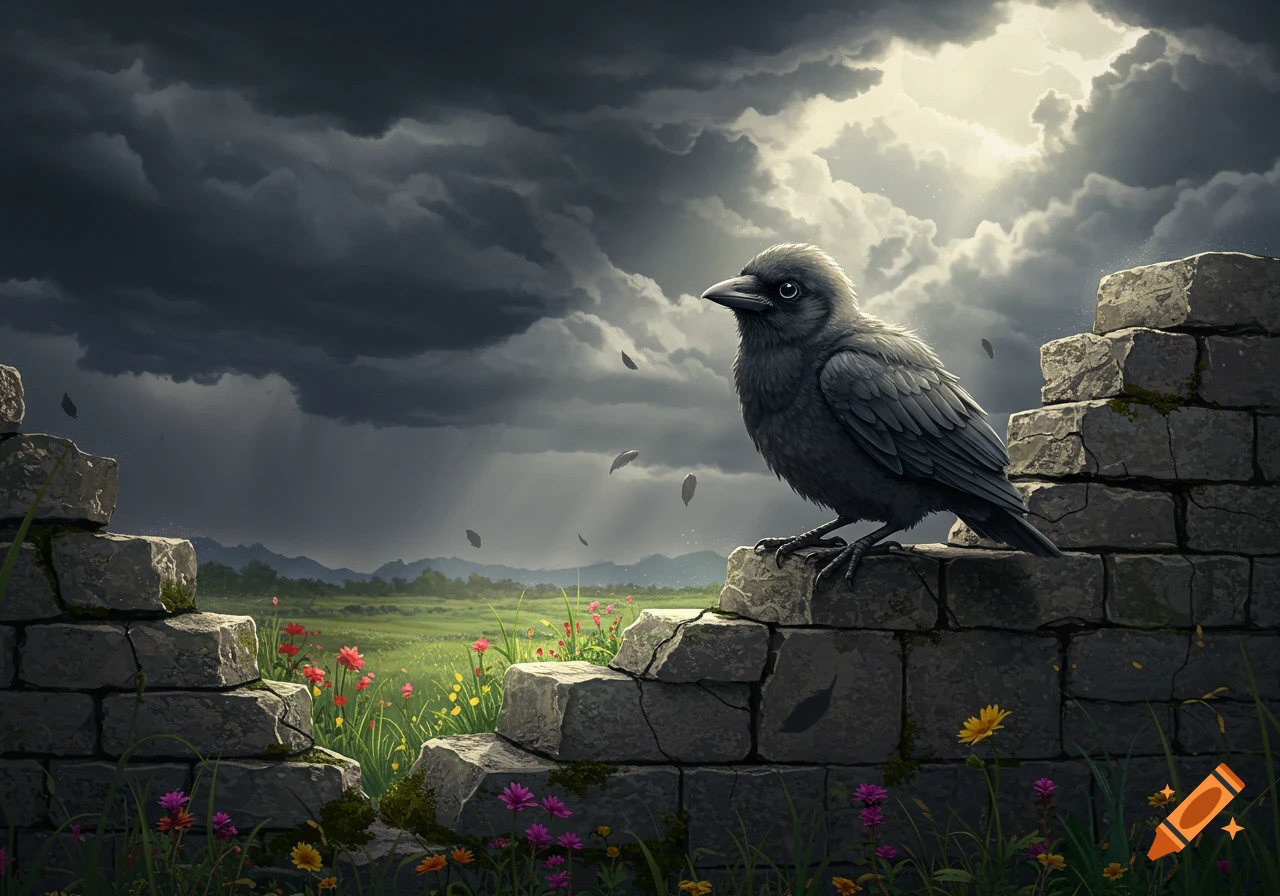 A stylized baby crow perches on a stone wall among wildflowers under a dramatic stormy sky with sunlight breaking through.