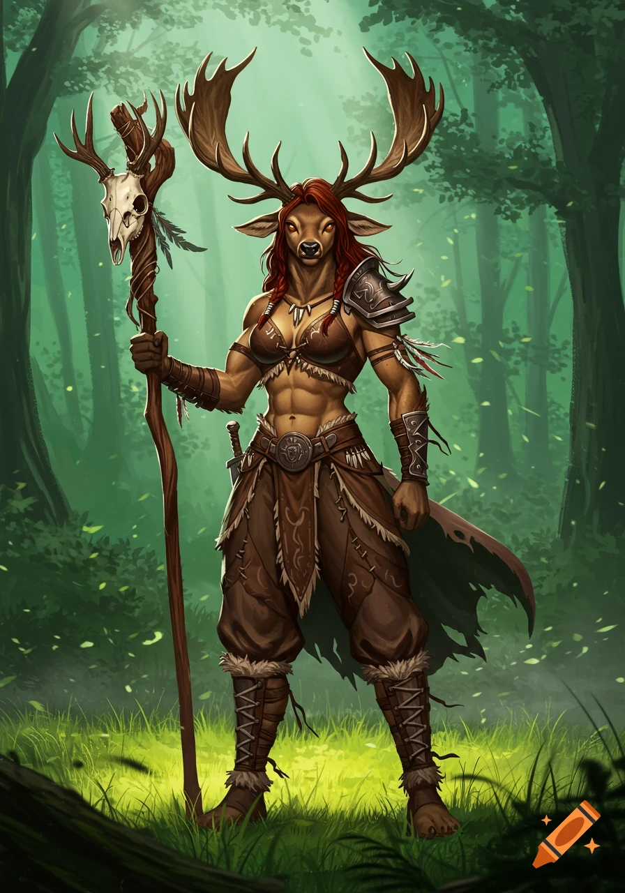 A strong female elk warrior with large antlers, wearing leather armor, holding a staff with a deer skull, stands in a green forest.