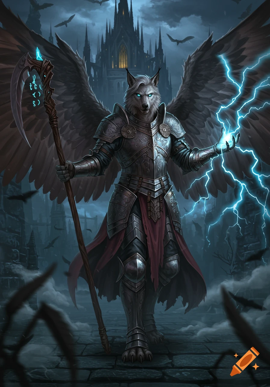 A powerful white-furred lycan in knights armor with large black wings, holding a scythe staff and summoning blue lightning in a gothic castle courtyard.