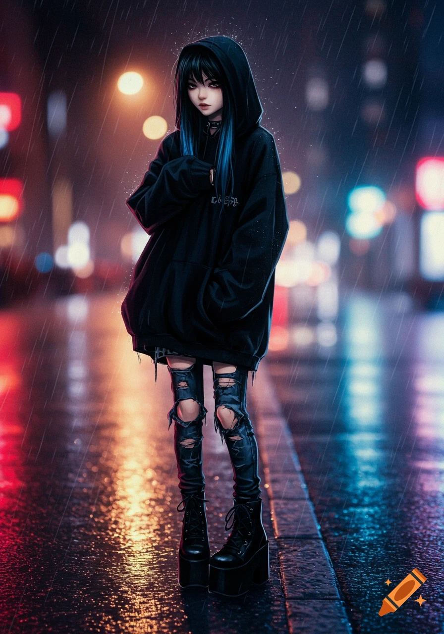 An anime girl with black hair and blue streaks, wearing an oversized black hoodie, ripped jeans, and platform boots, stands on a wet city street at night in the rain.