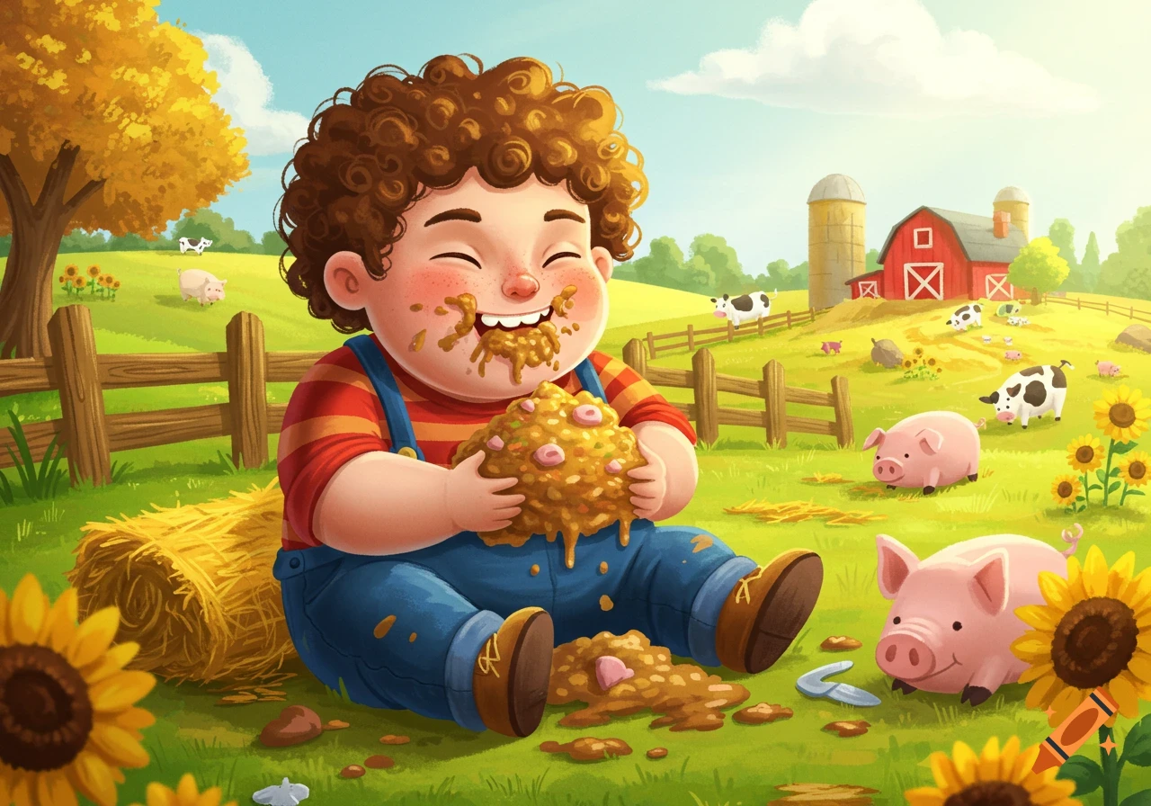 A happy cartoon boy with curly hair messily eats pig slop on a farm with pigs, cows, and sunflowers.