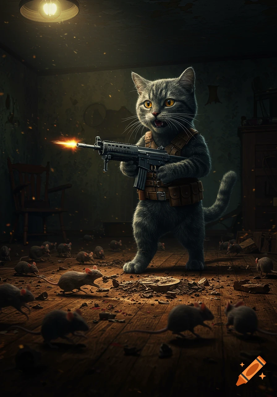 A grey anthropomorphic cat in tactical gear stands upright, firing an automatic rifle at scurrying mice in a dark, dilapidated room.