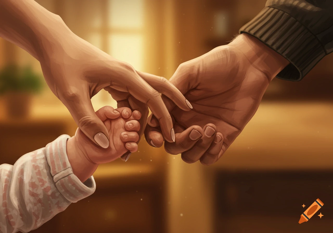 A warm-toned illustration of an adult feminine hand and a masculine hand holding a baby's tiny hand, symbolizing connection and care.
