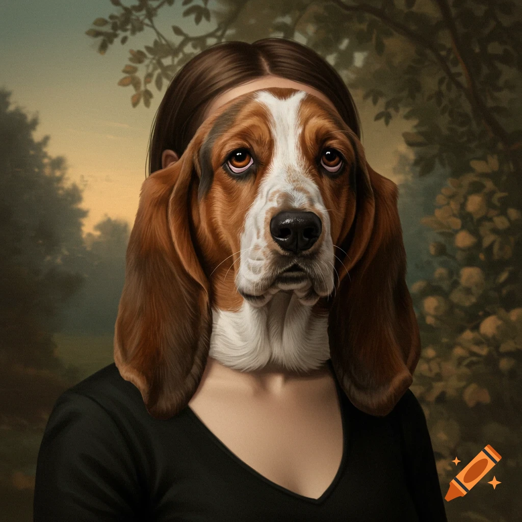 A portrait painting of a woman with a Basset Hound head, set against a dark, painterly background of trees.