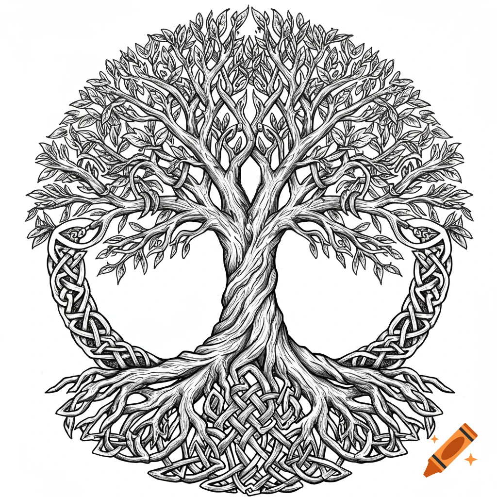 Black and white line art of a detailed Celtic tree of life, with intertwined roots and branches forming a circular shape.