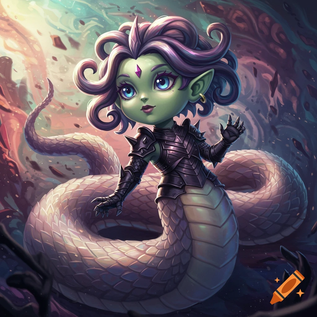 A cute, green-skinned anime gorgon with purple curly hair and blue eyes wears black spiked armor, her lower body a coiled snake, against a vibrant chaotic background.