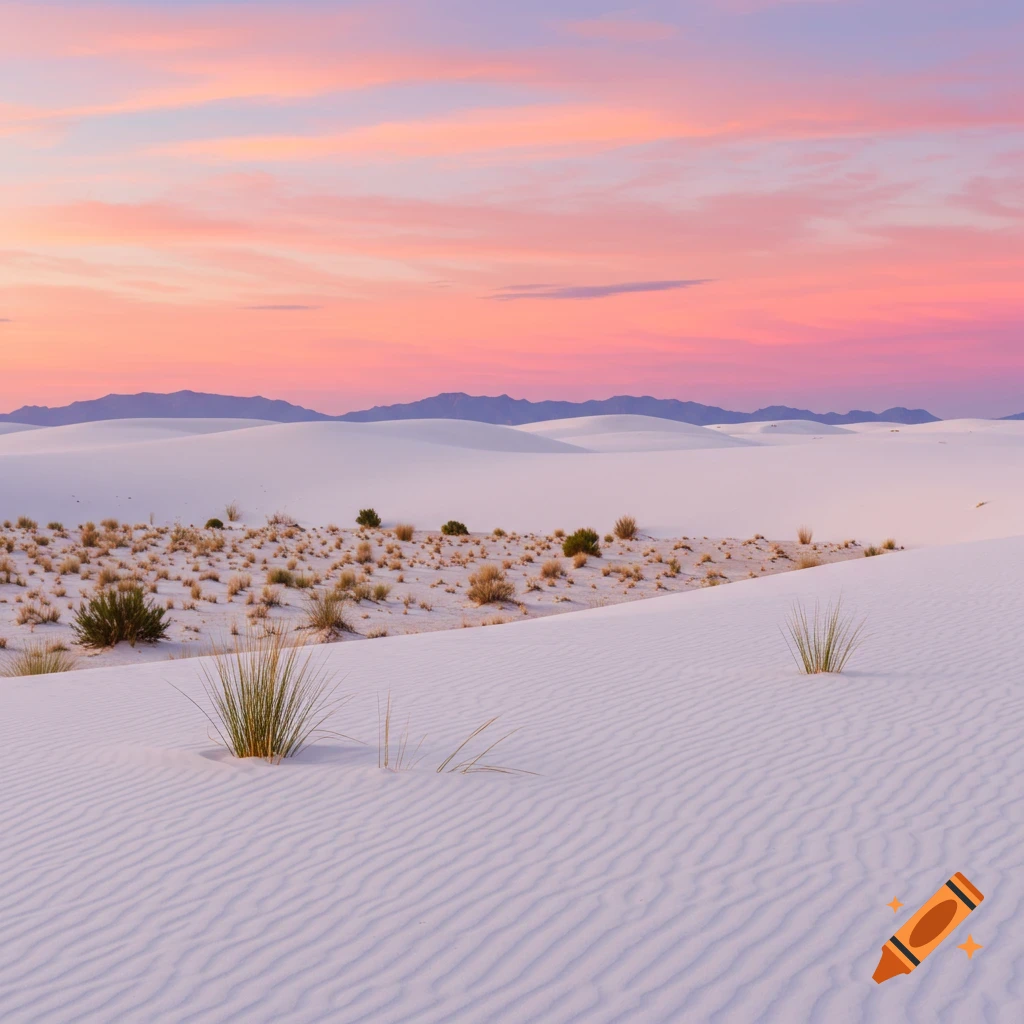 Photorealistic view of white sand dunes with sparse plants under a pink and orange sunset sky and distant purple mountains.