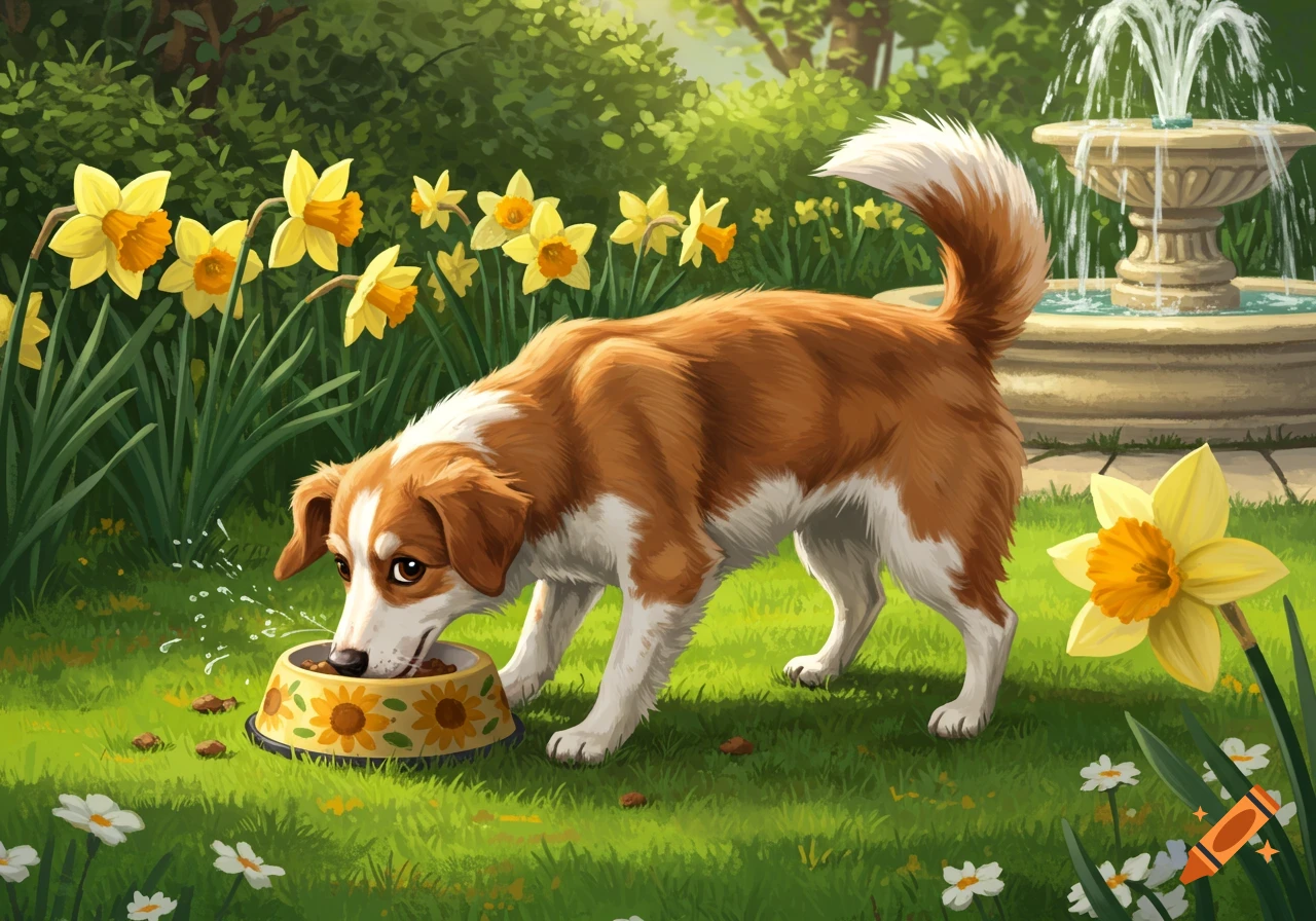 An illustrated brown and white dog eats from a sunflower-decorated bowl in a bright green garden with yellow daffodils and a stone fountain.
