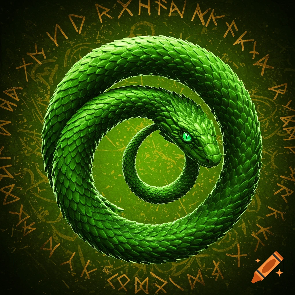 A vibrant green snake in an Ouroboros coil, with bright emerald eyes, against a dark green background patterned with gold runic symbols.