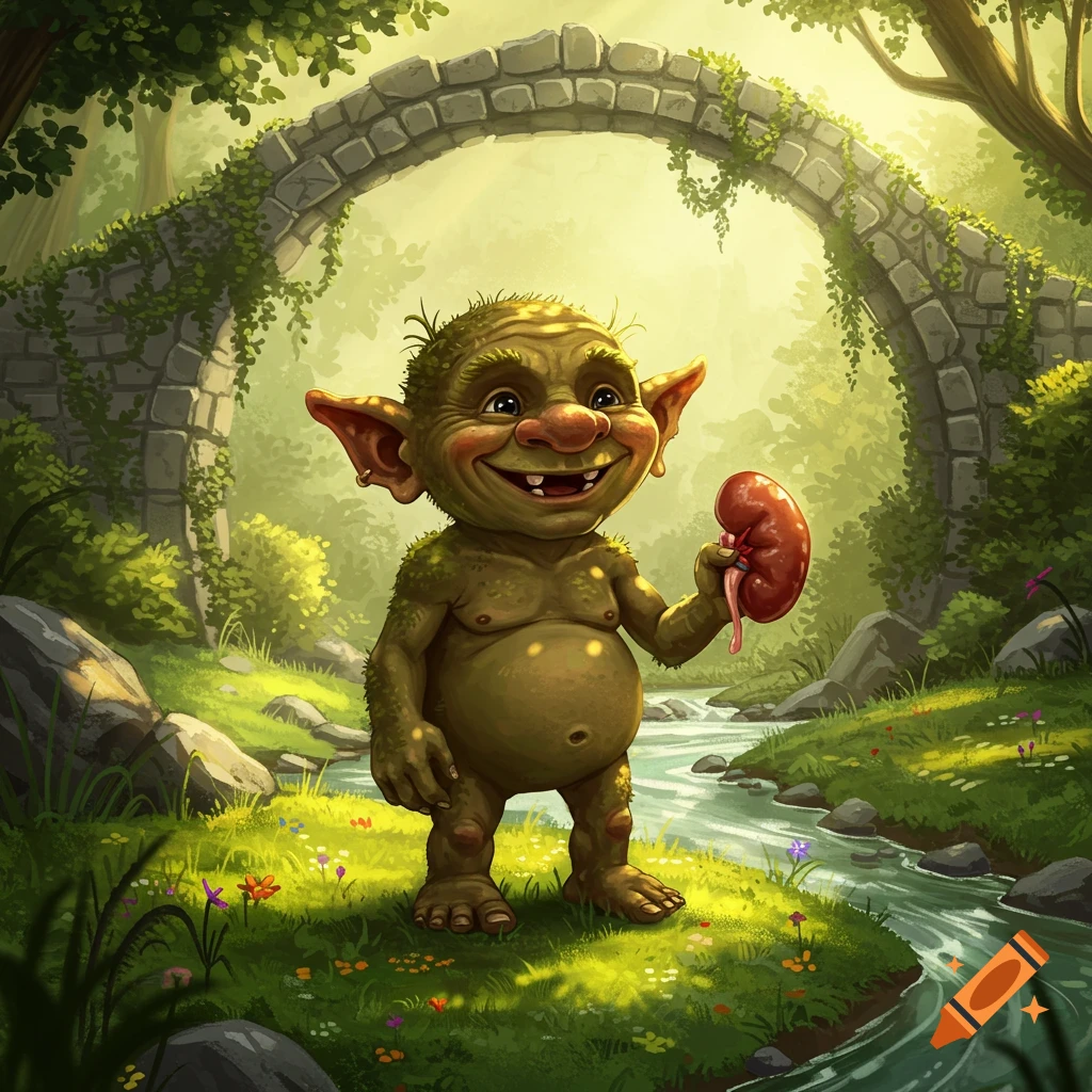 A cartoon illustration of a cute troll holding a kidney like a present in a lush green forest with a stone bridge and stream.