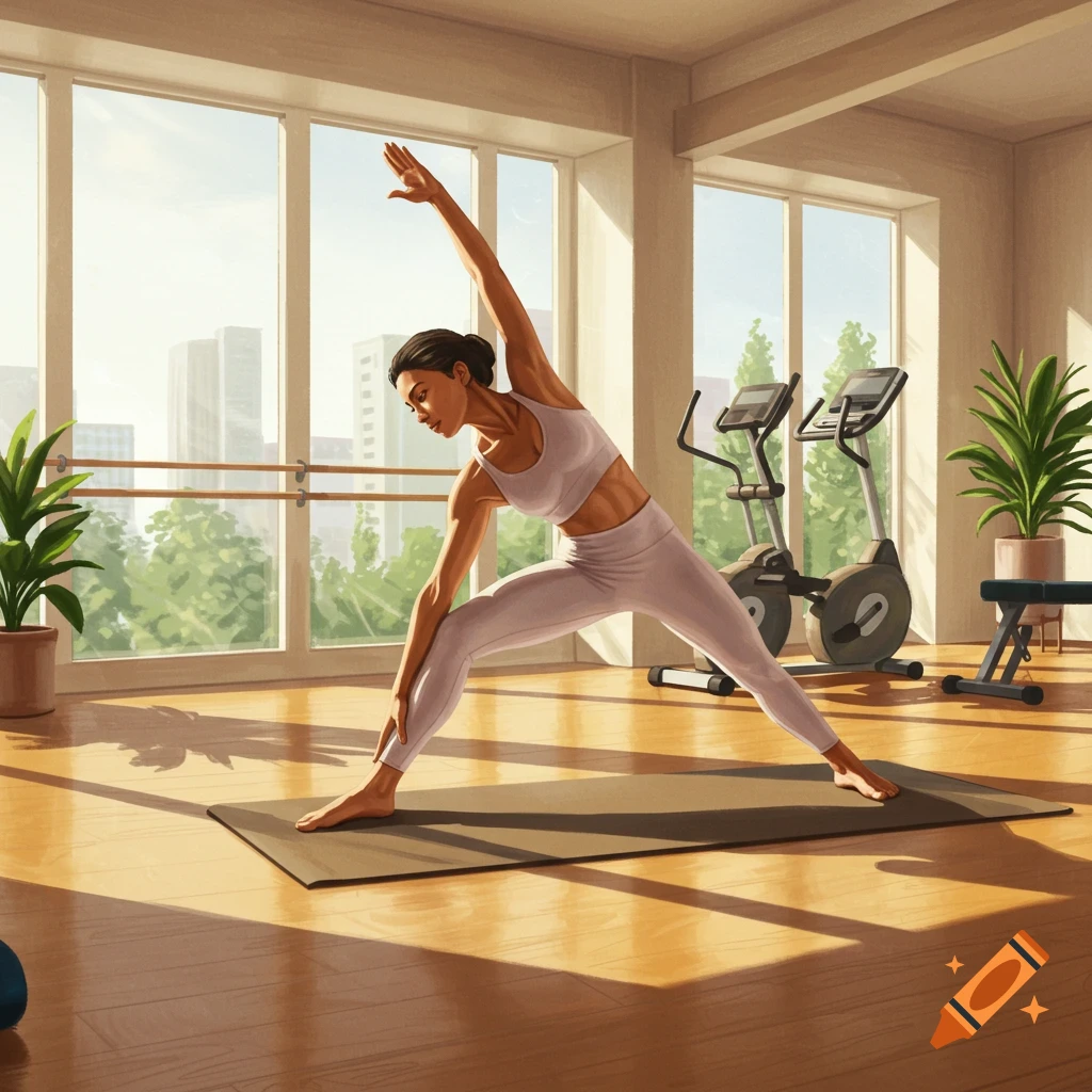 A woman performs a yoga pose on a mat in a bright gym with large windows and exercise equipment.