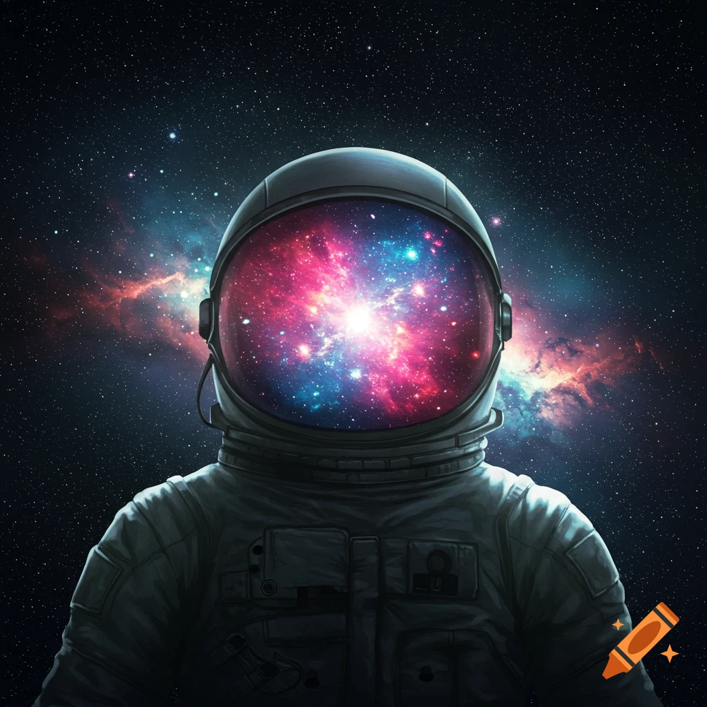 Astronaut in a spacesuit with a vibrant, colorful nebula reflected in their helmet visor, against a star-filled dark space background.
