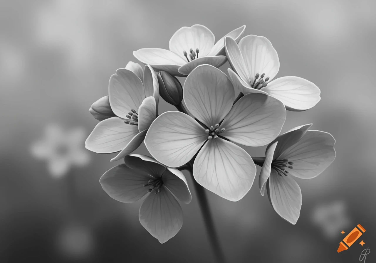 A black and white illustration of a cluster of four-petaled flowers on a blurred background.