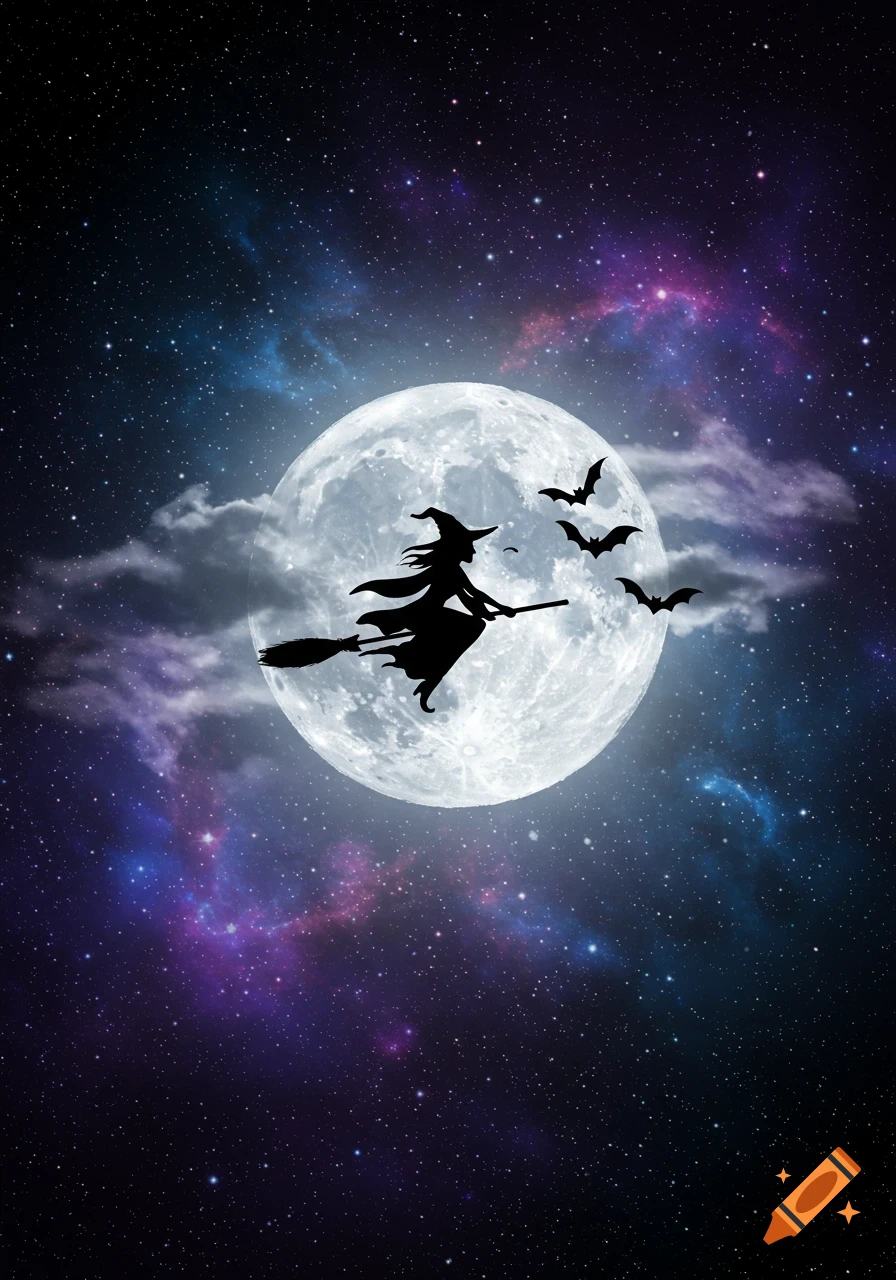 A silhouette of a witch flying on a broomstick in front of a full moon, with bats, against a starry galaxy sky.