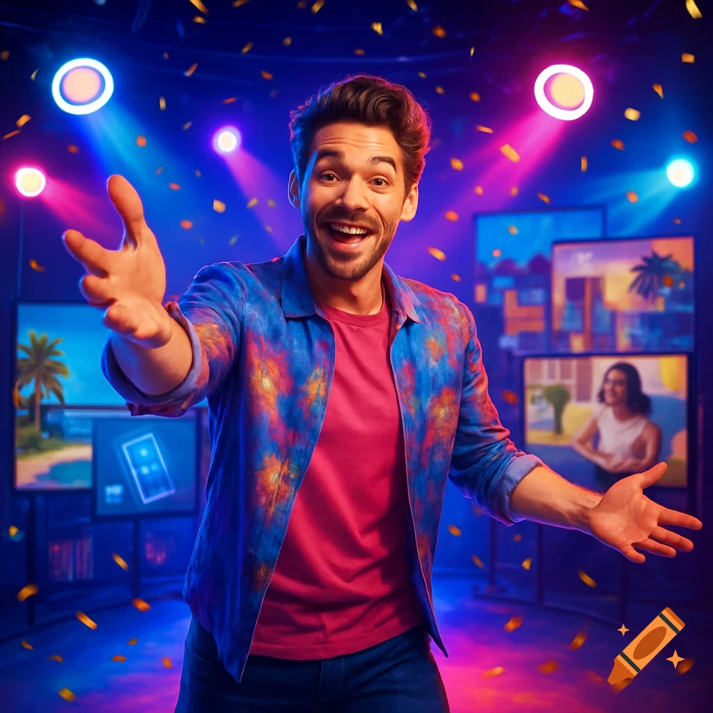 A cheerful man in a colorful shirt poses under vibrant stage lights with screens in the background, with confetti falling.