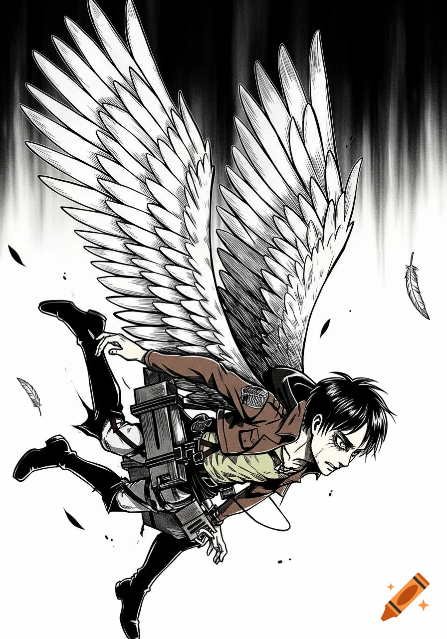 Stylized anime character resembling Eren Yeager with large feathered wings, falling against a dark and white background with falling feathers.