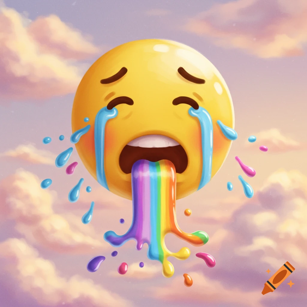 A crying yellow emoji with blue tears and rainbow-colored vomit, set against a soft, cloudy sky.