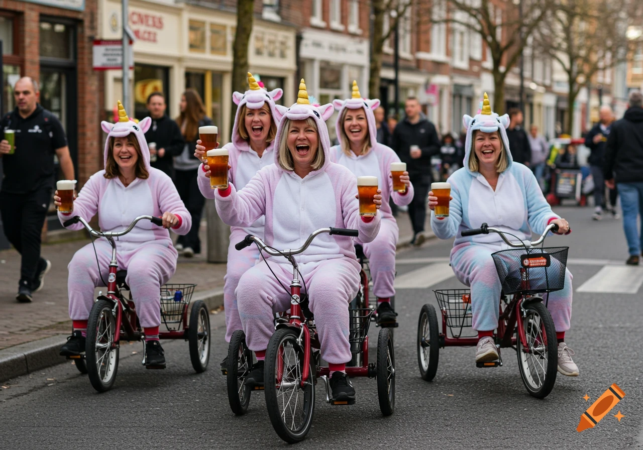 Middle-aged women in unicorn onesies riding tricycles down a street, holding beers and laughing in a photorealistic style.
