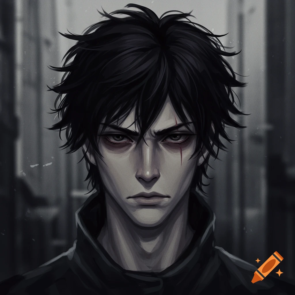 Stylized portrait of a young man with messy black hair, dark eyes, and a scar on his left eyebrow, in a dark, serious expression.