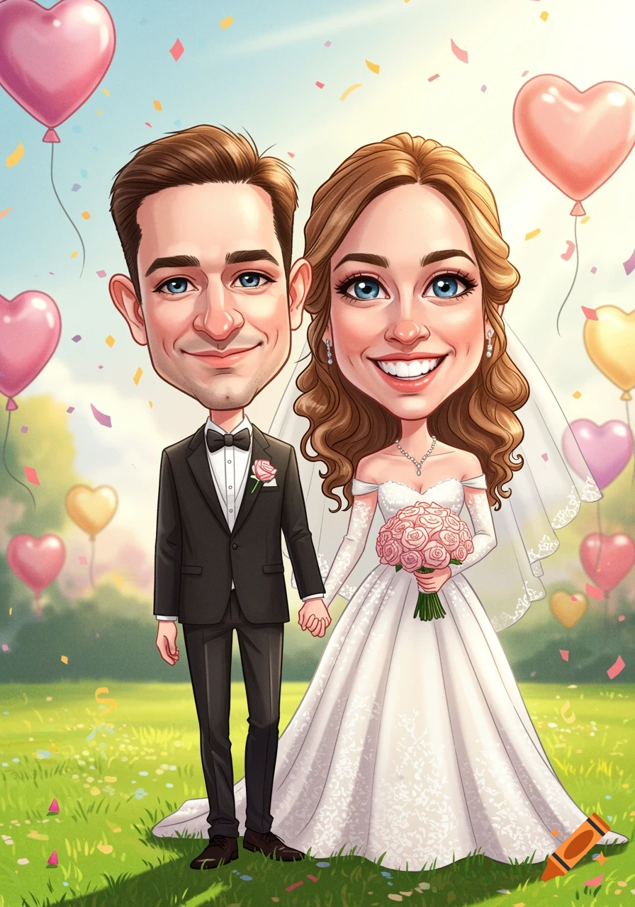 A cartoon caricature of a smiling bride and groom holding hands in a grassy field with heart-shaped balloons and confetti.