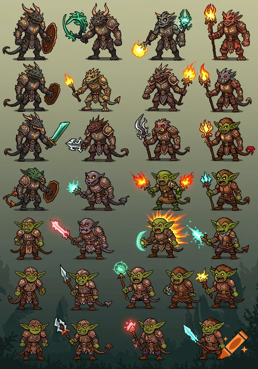A sprite sheet featuring a grid of pixel art fantasy characters, including armored lizardfolk and goblins, wielding weapons and magic.