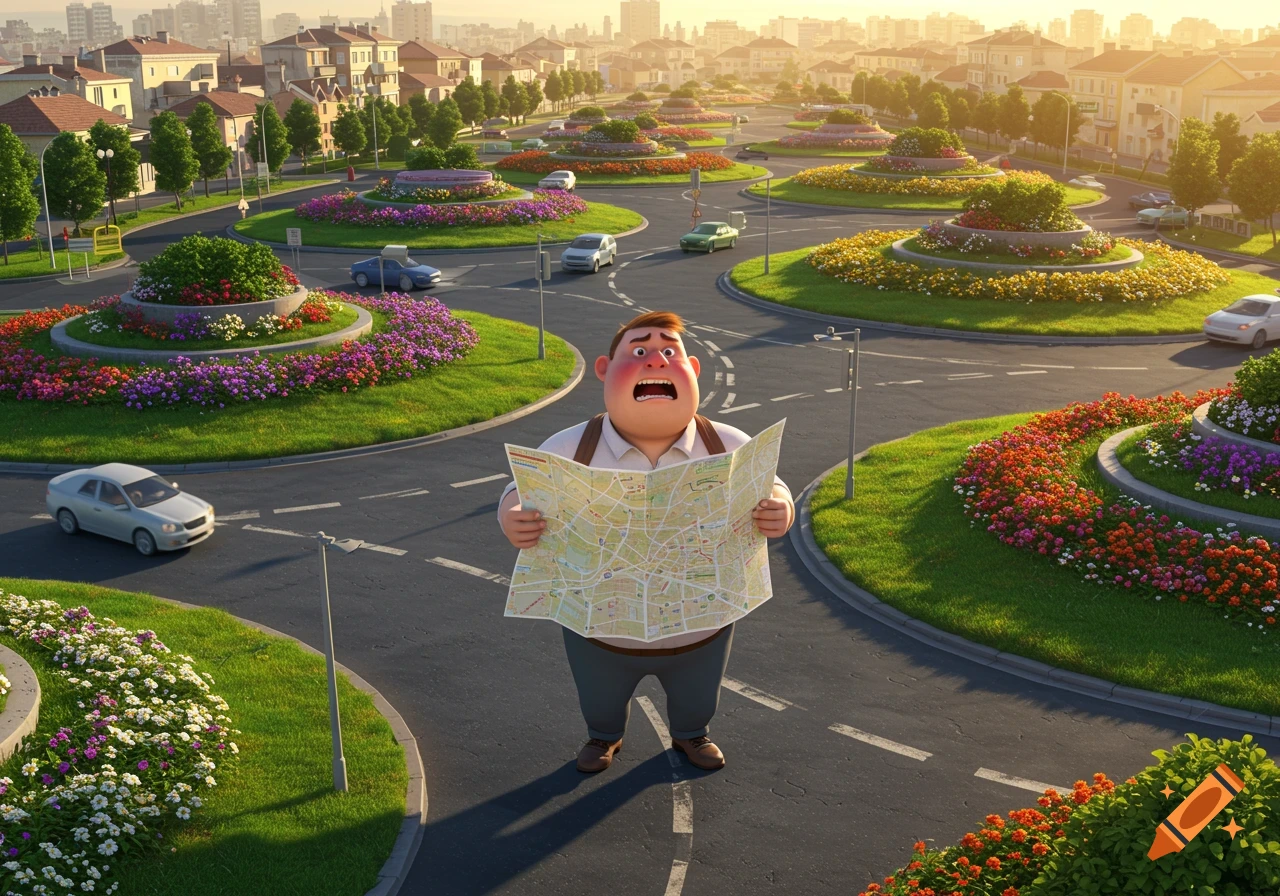 A frustrated cartoon man stands in a busy intersection with multiple roundabouts, looking confused at an open map. The town is rendered in a bright 3D animation style.