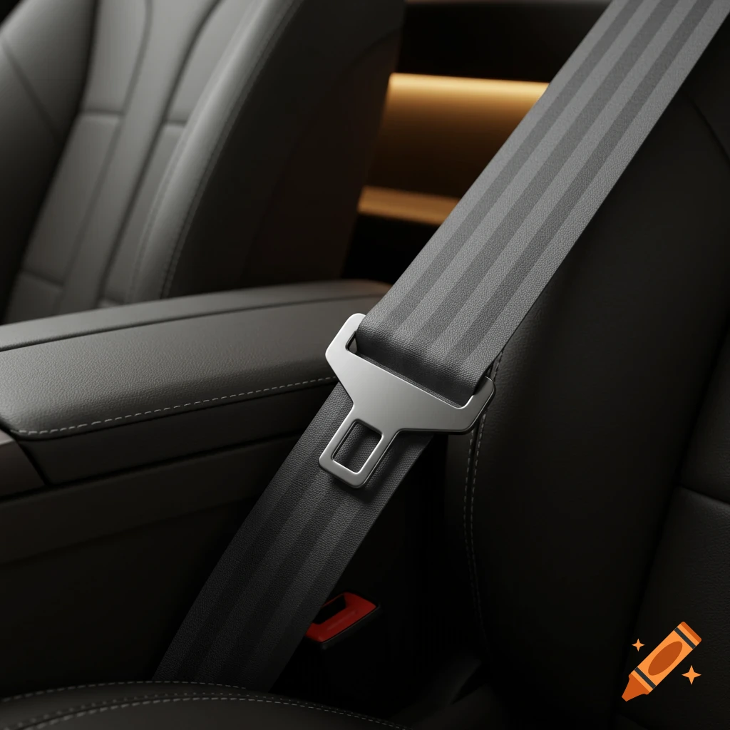 Close-up photorealistic shot of a car's black interior with a gray seatbelt and silver buckle.