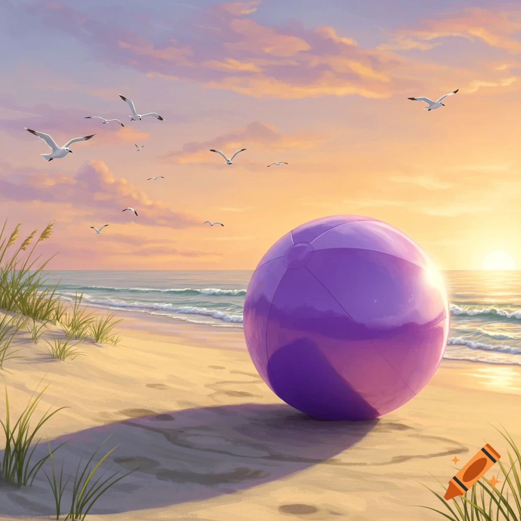 A large purple beach ball sits on a sandy beach with seagulls flying under a colorful sunset sky.