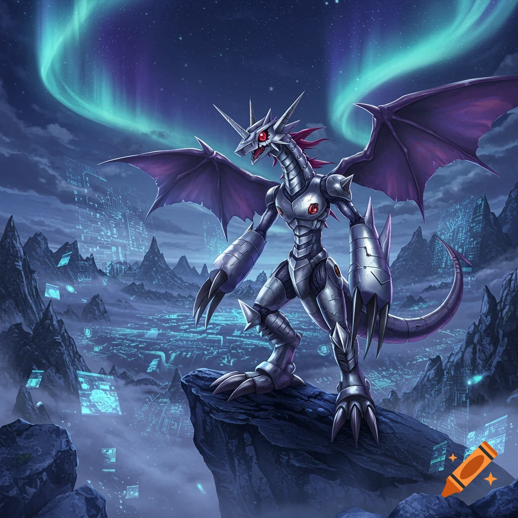 A metallic dragon-like Digimon with purple wings stands on a rock, overlooking a glowing futuristic city under an aurora borealis sky.