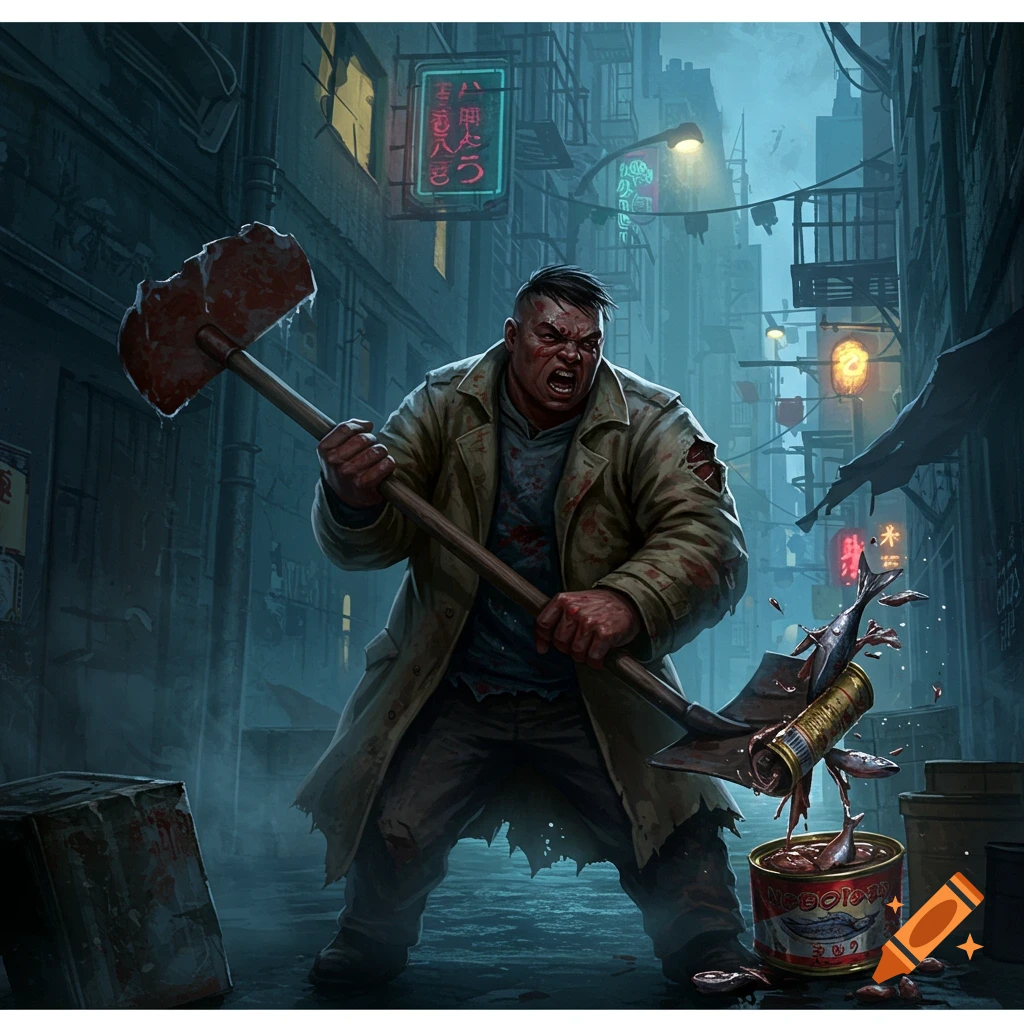 An angry man with a bloody shovel smashes a fish can in a dark, gritty urban alleyway with neon signs.