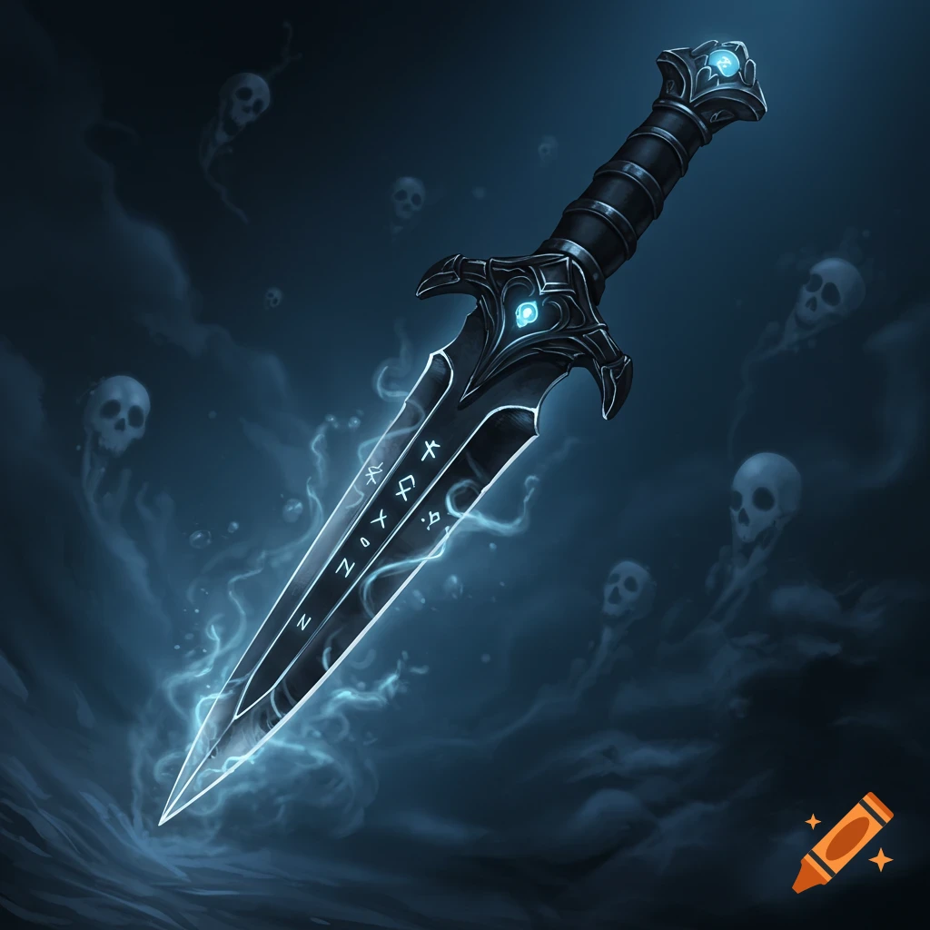 A dark fantasy image of a glowing obsidian dagger with runes, surrounded by blue mist and ghostly skulls.