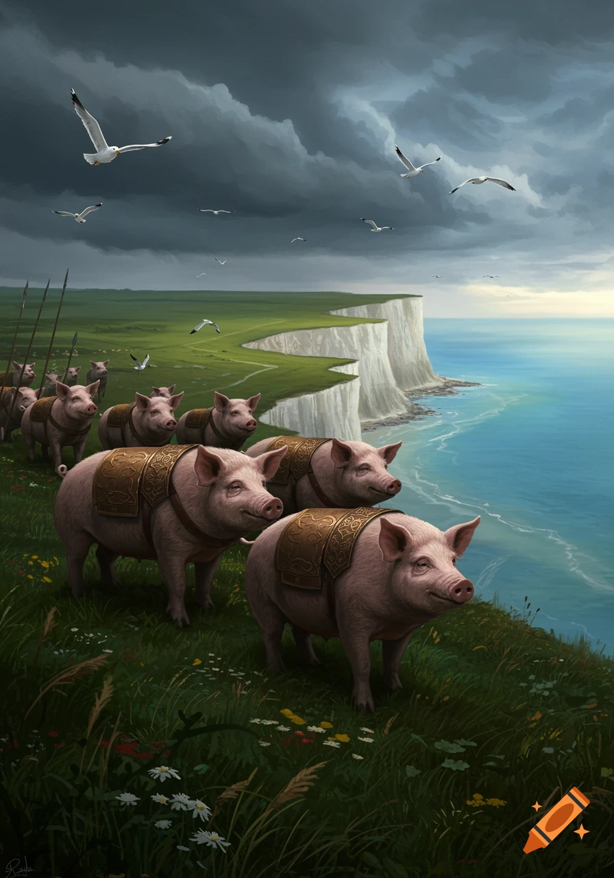 An army of pigs wearing golden saddles marches along a grassy cliff overlooking a blue ocean with seagulls flying under dark clouds.