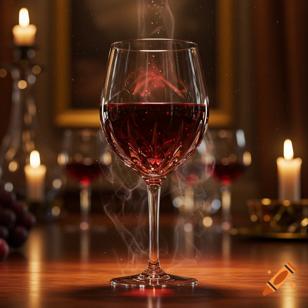 A crystal wine glass filled with red wine, emitting a reddish glow and wisps of smoke, on a candlelit table.