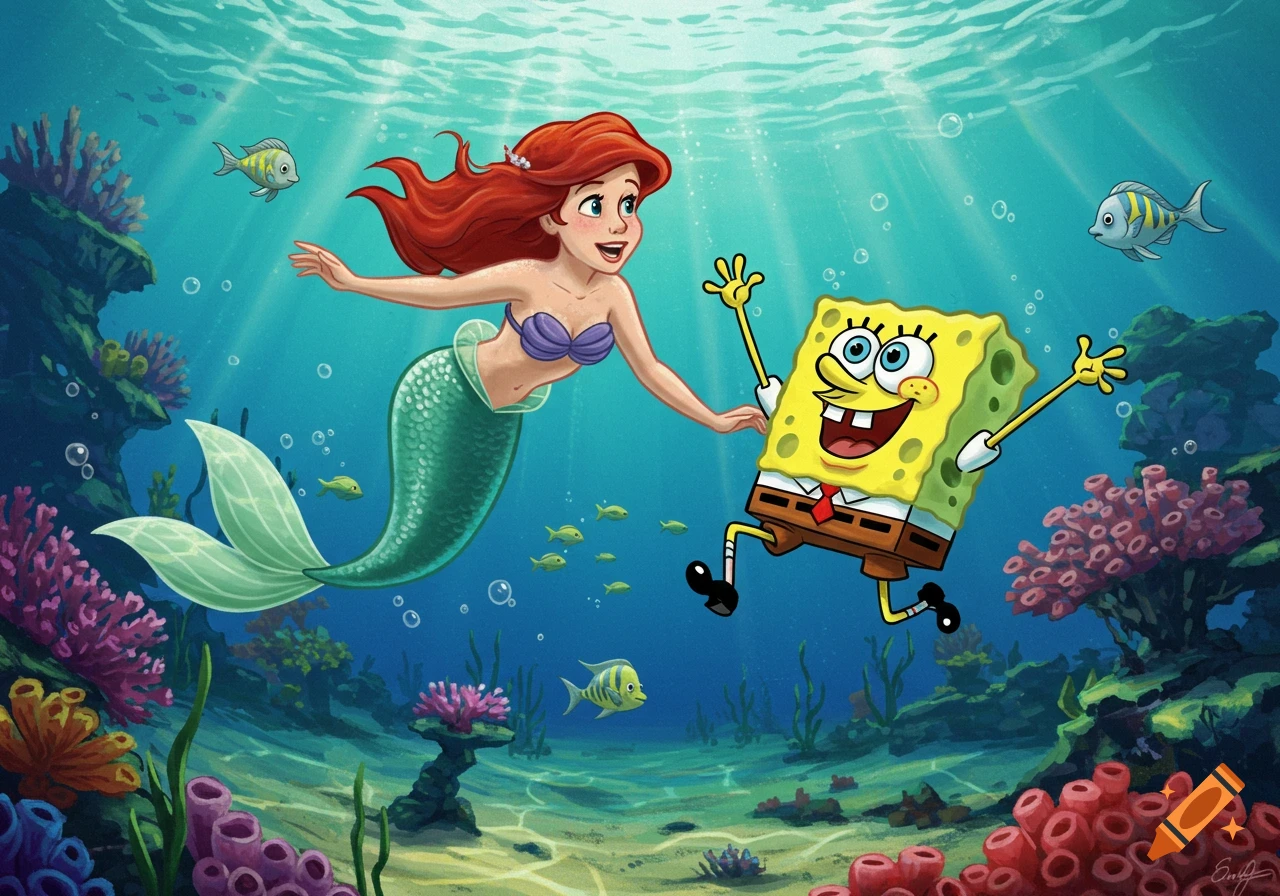 Ariel from The Little Mermaid and Spongebob Squarepants swim happily together underwater with colorful coral and fish in a cartoon style.