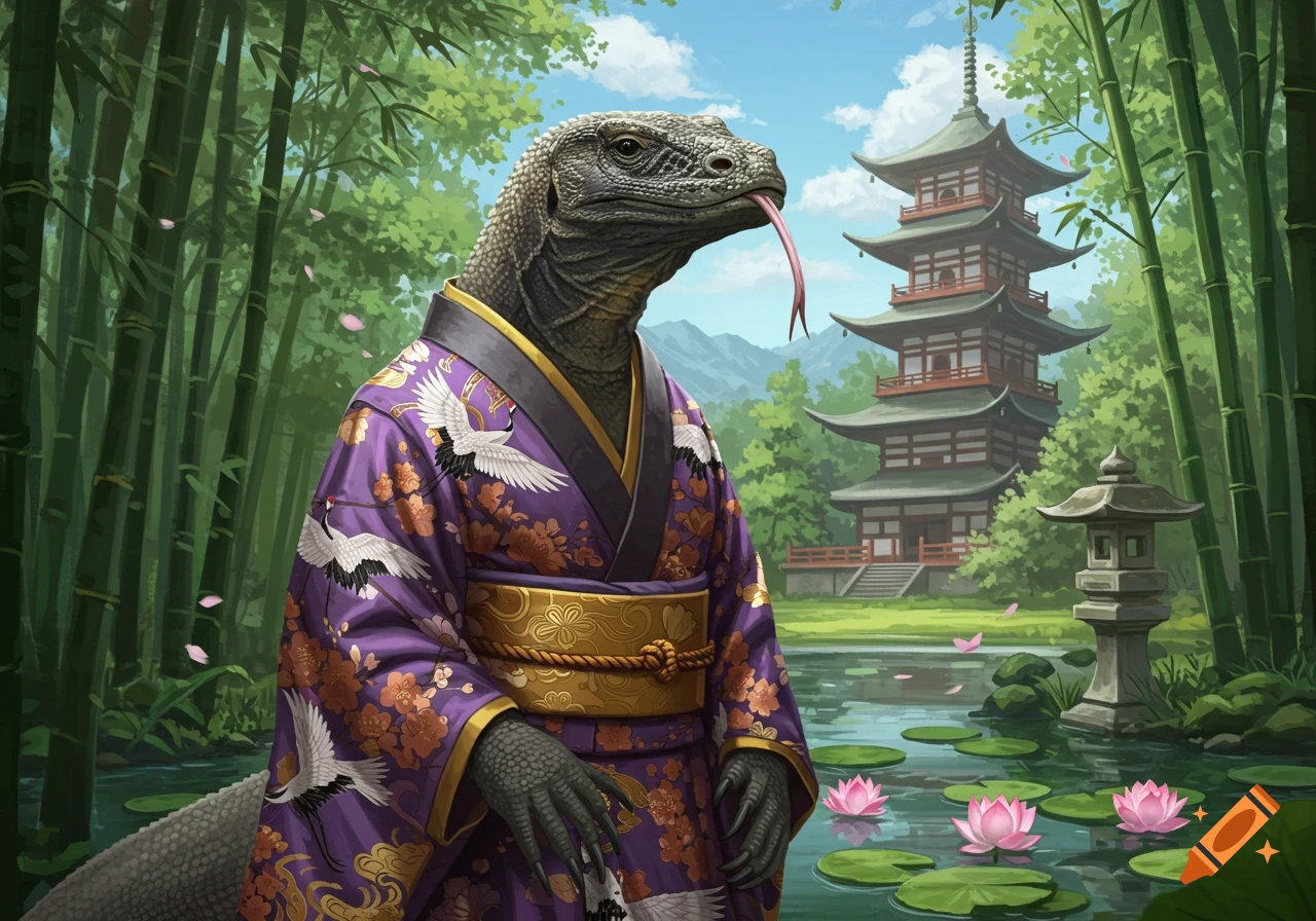 A Komodo dragon in a purple kimono stands in a bamboo forest with a pagoda and pond.