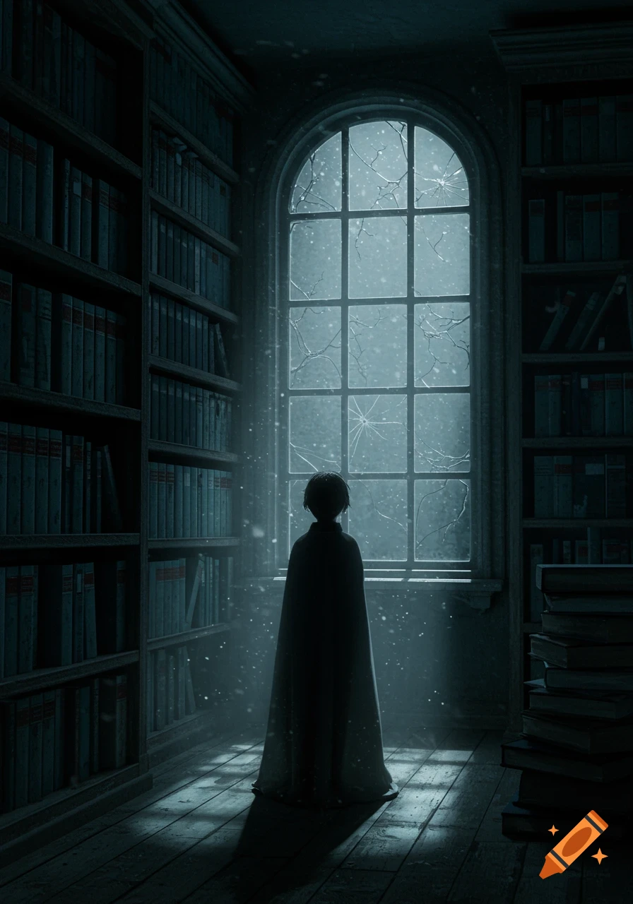 A lone figure in a cloak stands in a dark, dusty library, gazing out a broken arched window where snow or particles fall.